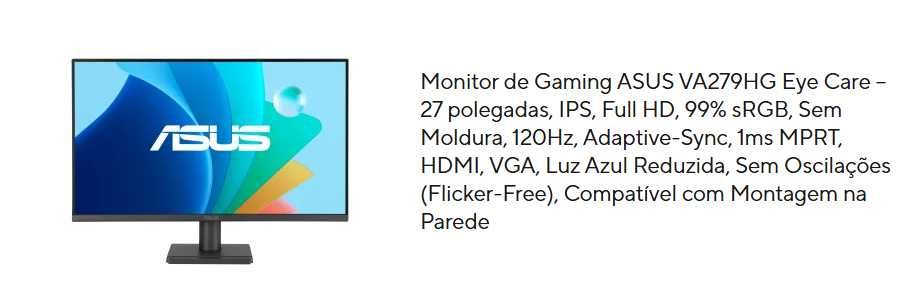 Monitor de Gaming ASUS VA279HG Eye Care – 27 polegadas NOVO