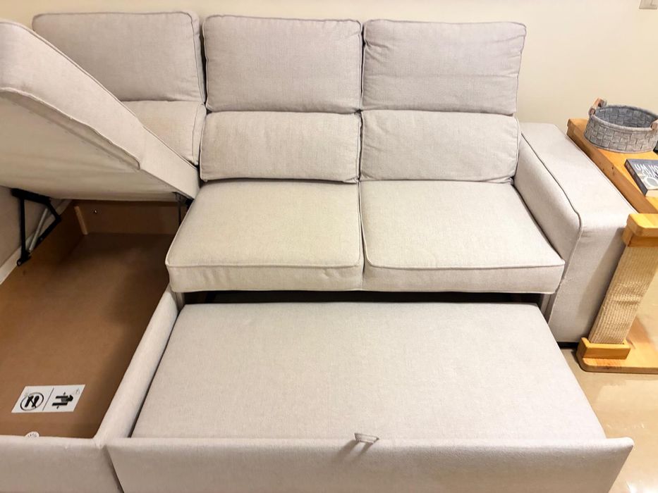 Sofá Cama com Chaise Longue Reversível e Encosto Reclináve