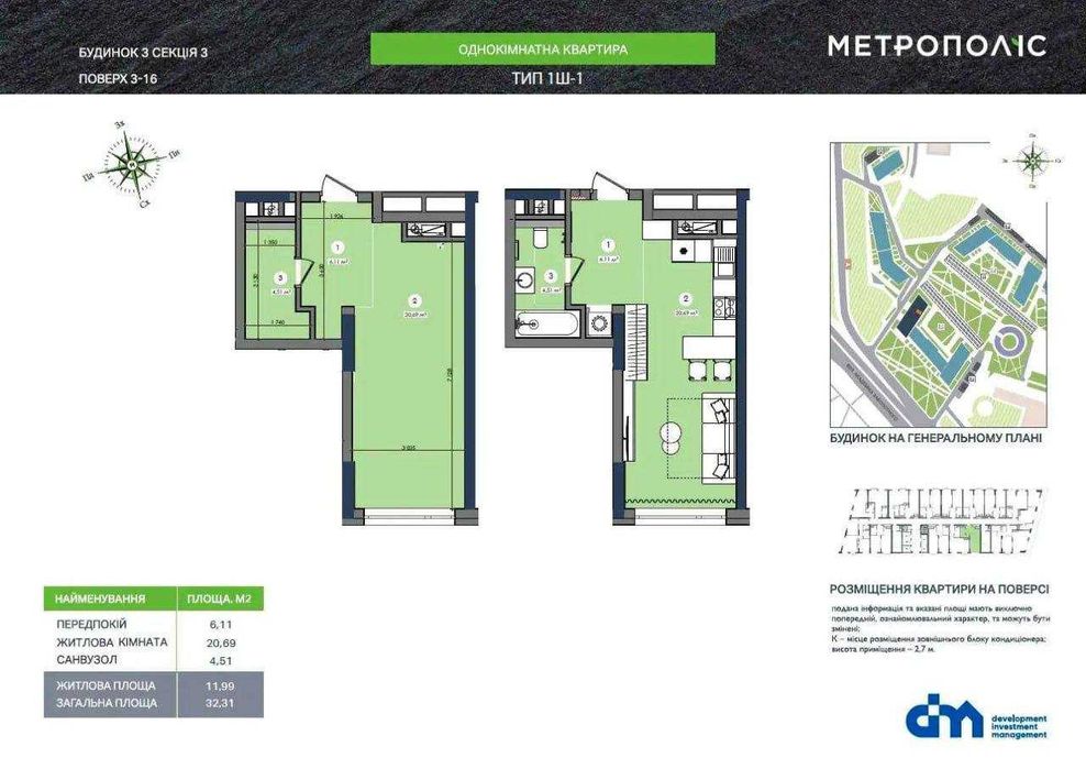 БЕЗ% Продаж 1-кімнатної квартири в ЖК "Метрополіс", 32 м²