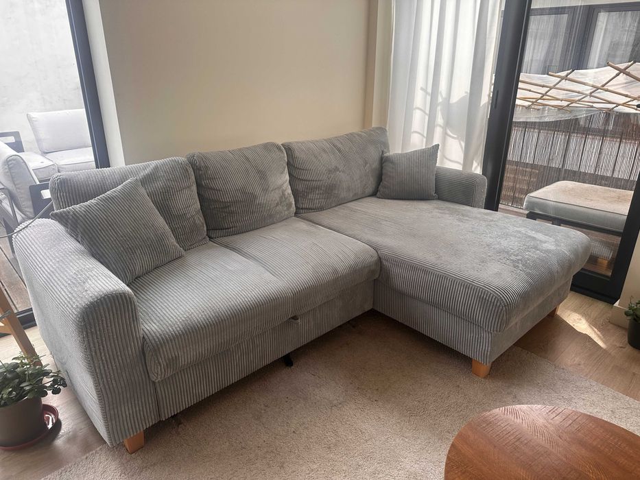 Sofá de Canto Cinzento com Cama e Arrumação