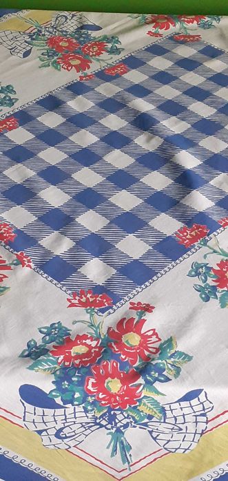 Obrus bawełniany gruby styl retro krata i kwiaty