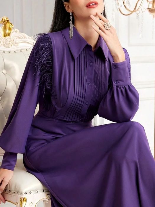 Sukienka koszulowa maxi elegancka z kołnierzykiem fioletowa SHEIN L 40