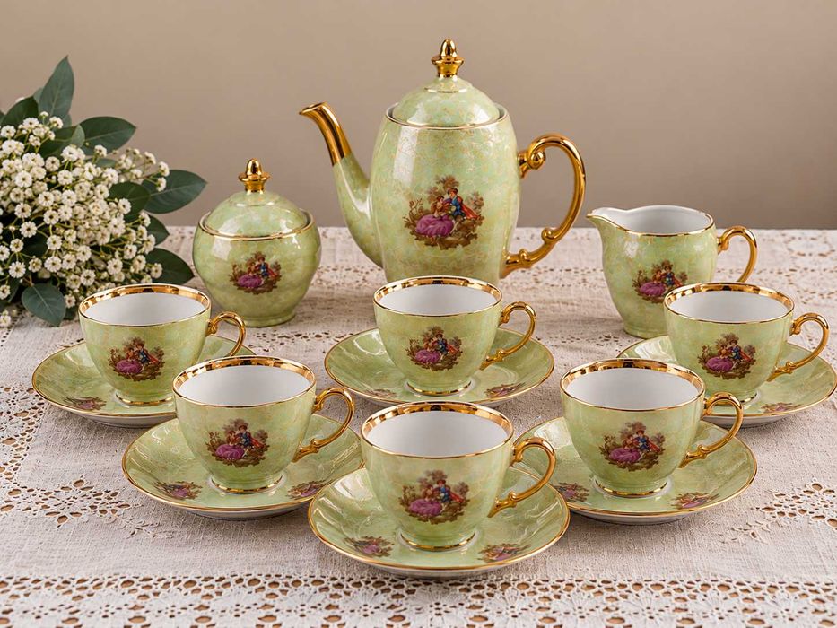 Włocławek – porcelanowy serwis kawowy, zielonkawa perła, złocenia, PRL