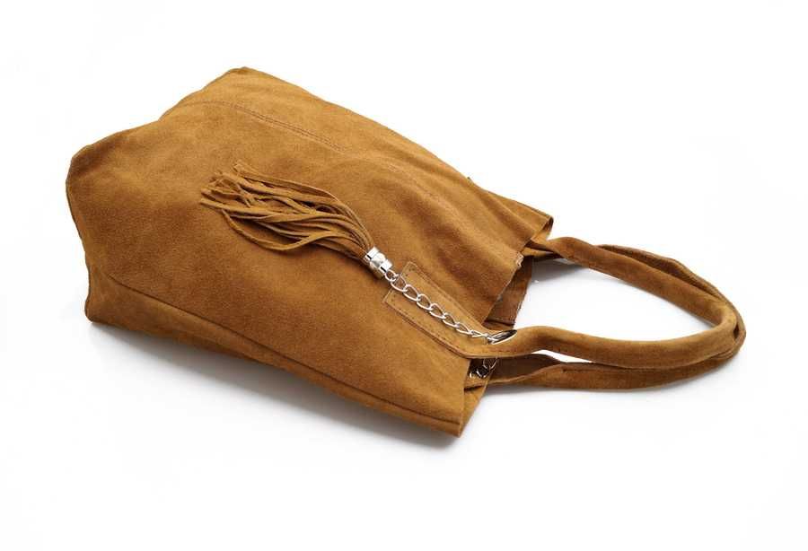 VERA PELLE torebka zamszowa worek shopper z suwakiem V146 camel