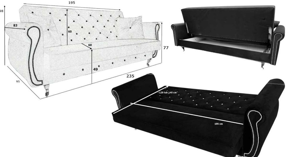 Komplet Sofa rozkładana ZESTAW komplet Glamour Fotele stół podnóżek pu