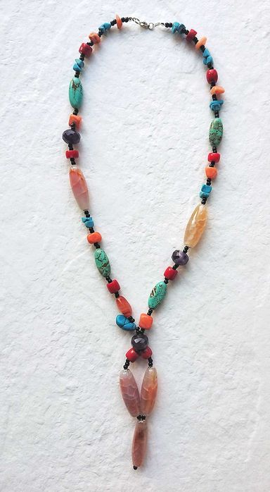 Naszyjnik handmade Agat, Koral, Ametyst, Turkus. Kamienie naturalne.