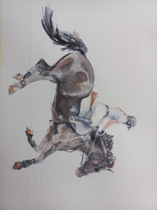 Obraz akwarela autorska_Koń, jazda konna, 31x41cm, oryginał_rezerwacja