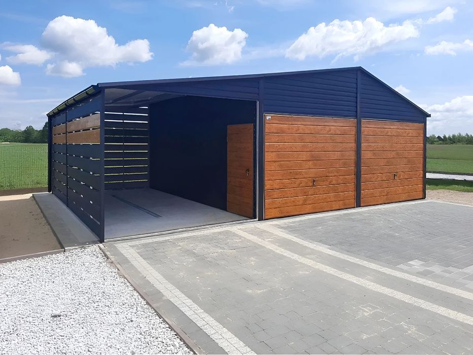 Garaż blaszany dwustanowiskowy 6x5m grafit - Dach dwuspadowy, Brama uc