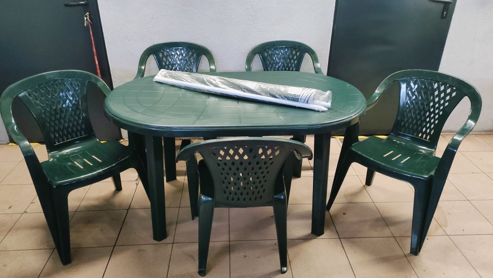 Meble ogrodowe 6+1 stół krzesła i parasol zielony nowe