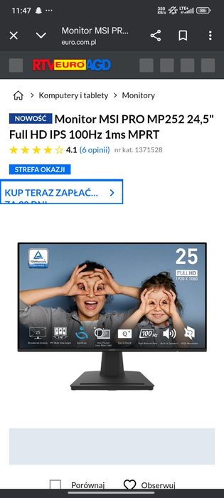 Monitor msi 25 cali 100hz