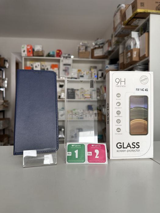 Etui z klapką zamykane granatowe + SZKŁO do XIAOMI REDMI 14C