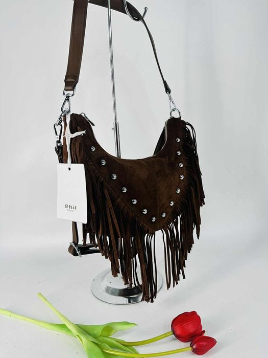 Nowa torebka damska boho frędzle czekoladowa brązowa zamszowa