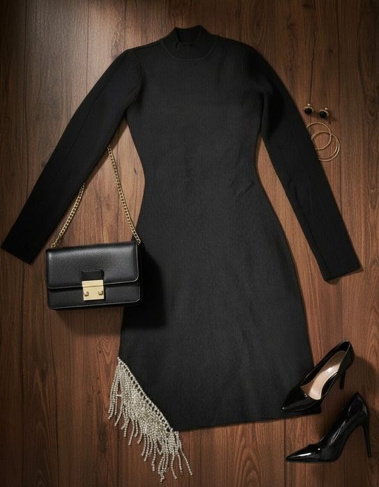 Czarna imprezowa sukienka mini z odkrytymi plecami dzianinowa glamour