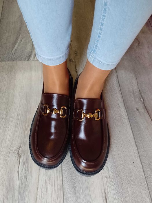 (41) Brązowe, czekoladowe mokasyny loafersy wieczorowe, NOWE