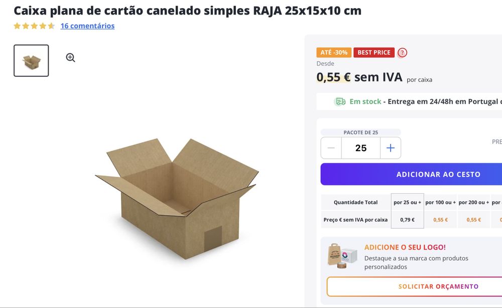 75 Caixas de Cartão 25x15x10