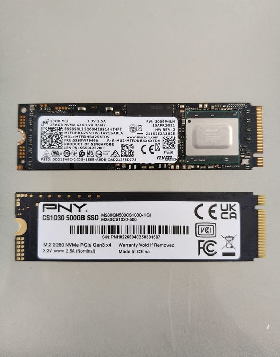 Combo 2 SSDs M.2 NVMe PCIe Gen3 x4 (Micron 256GB + PNY CS1030 500GB) – Perfeito Estado