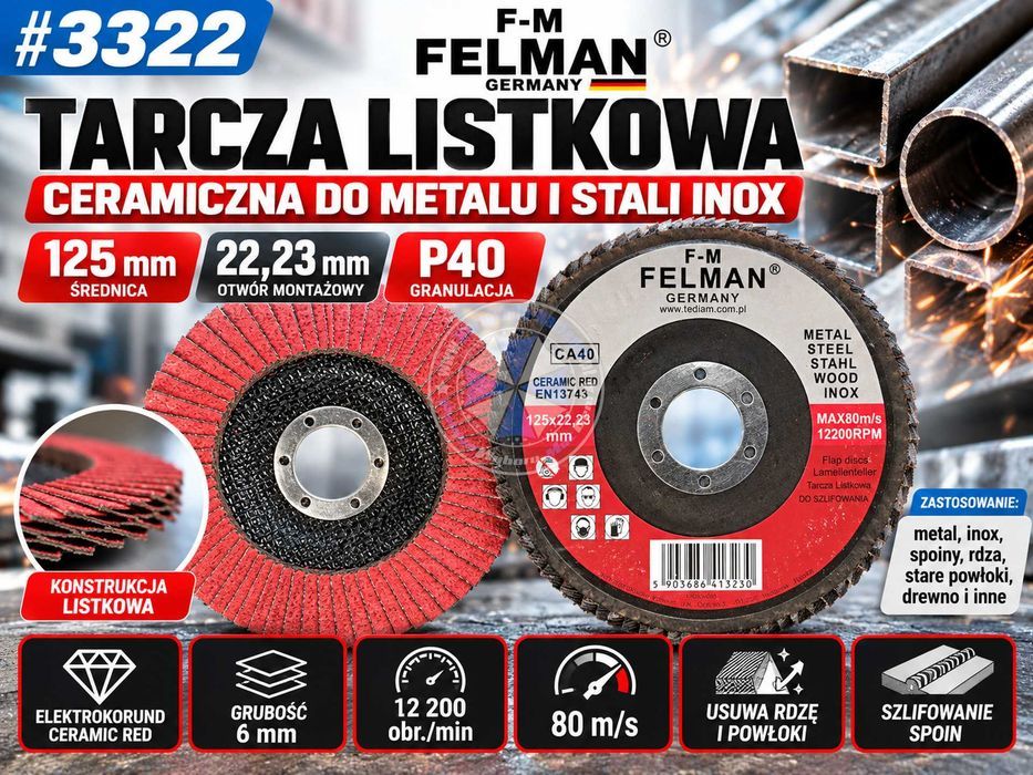 100 szuk Tarcza Listkowa Ceramiczna 125mm P40 FELMAN Ceramic RED lamelka tarcza listkowa 125 tarcza lamelkowa 125  tarcza listkowa do drewna