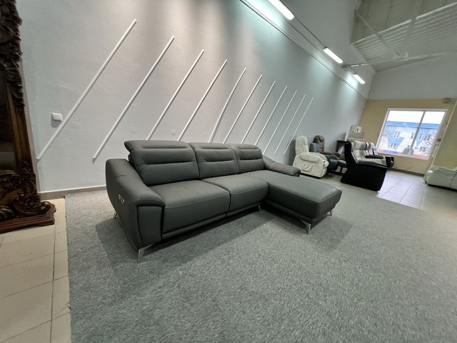 Виставковий стан новий Диван шкіряний кутовий темно сірий реклайнер