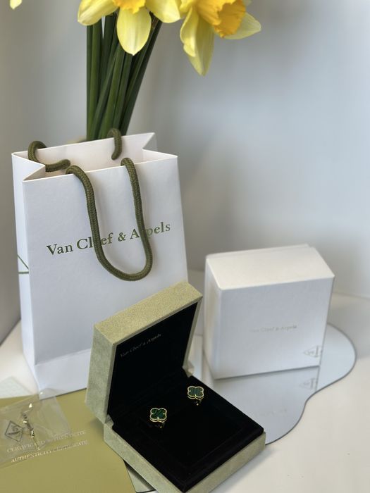 Нові срібні сережки Van Cleef Ван кліф в лимонній позолоті з малахітом