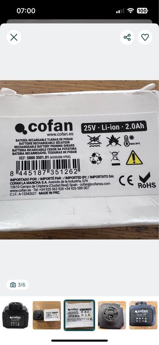 Bateria recarregavel p/ tesouras de podar 25V 2.0Ah Cofan - NOVO