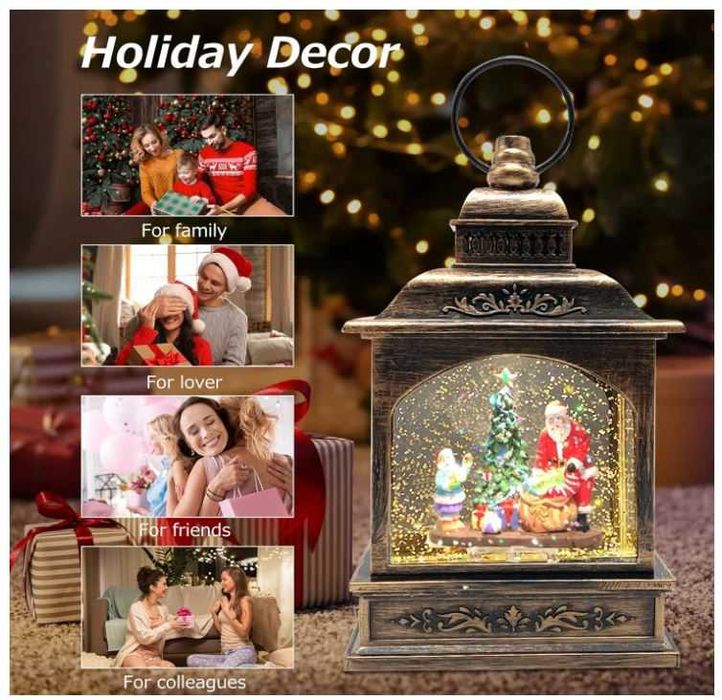 Latarnia świąteczna śnieżna podświetlana z muzyką, wzór Mikołaj