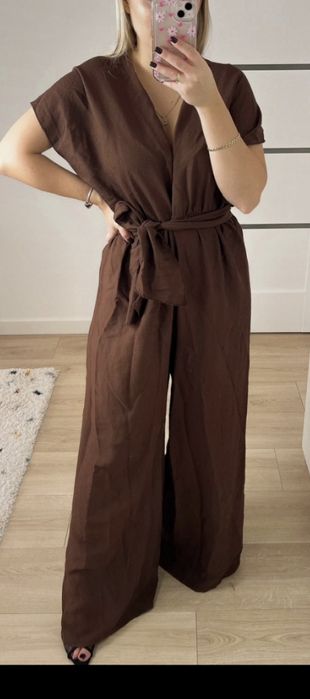 Kombinezon czekoladowy z wiskozy, długie szerokie spodnie S/M/L