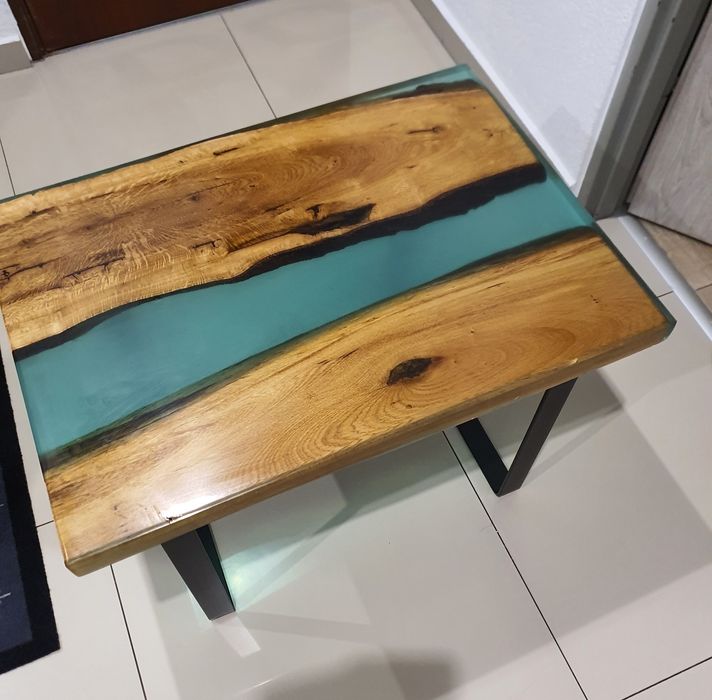 Stół z żywicy epoksydowej, 70x50x45, turkus dąb