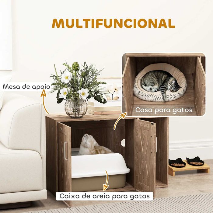 Móvel Caixa de Areia para Gatos 3 em 1 com Portas Tapete para Arranhar