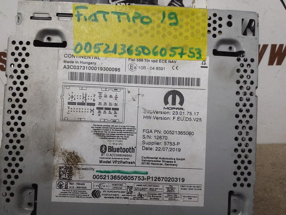 Rádio Fiat Tipo Hatchback (357_) Ref: 00521365060  | 2016 - 2026