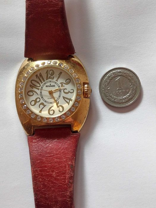 RIVAGE Damski Zegarek  Biała Tarcza Czerwono-Brązowy Pasek Złoty Styl