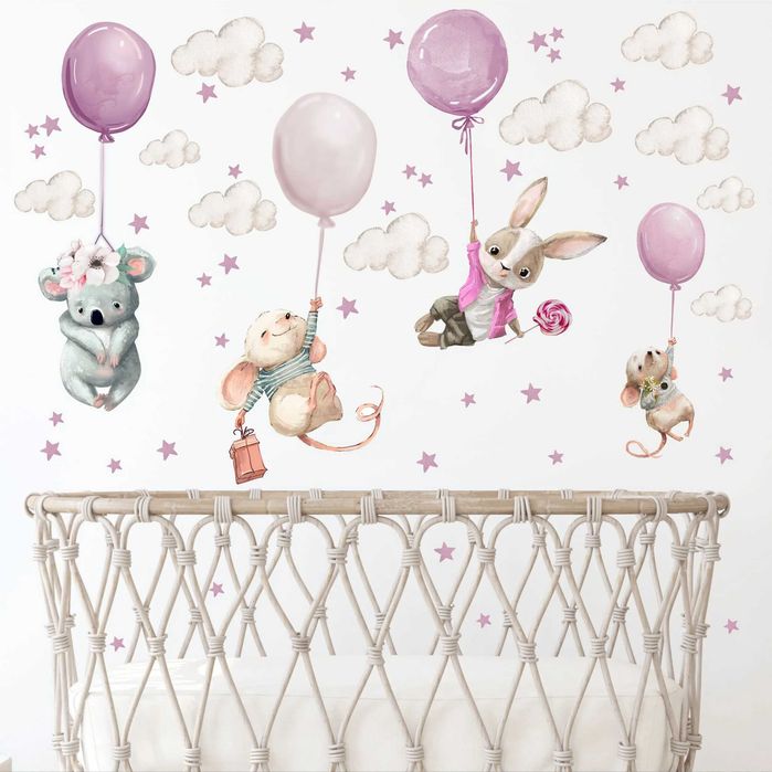 Naklejka na ścianę – Króliczek, Myszki i Koala z balonami