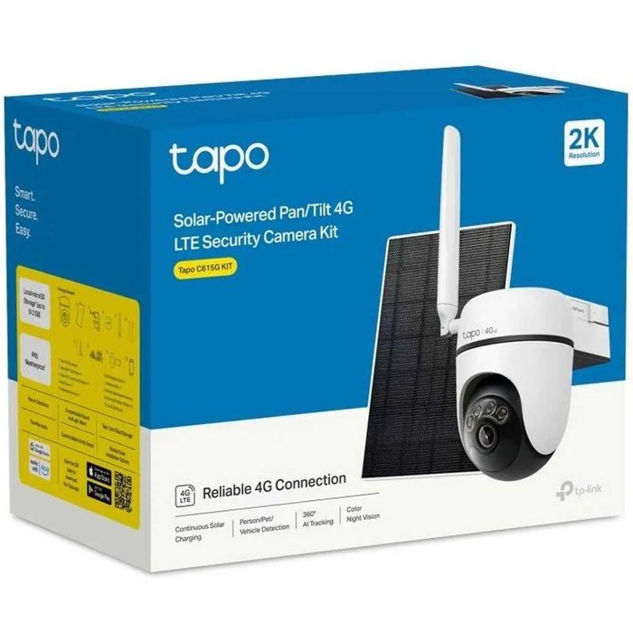 Câmara TP-Link Tapo C615G kit solar - 4G LTE Pan/Tilt 2K 3MP c/ bateria, IA, IR e Painel Solar - IP65