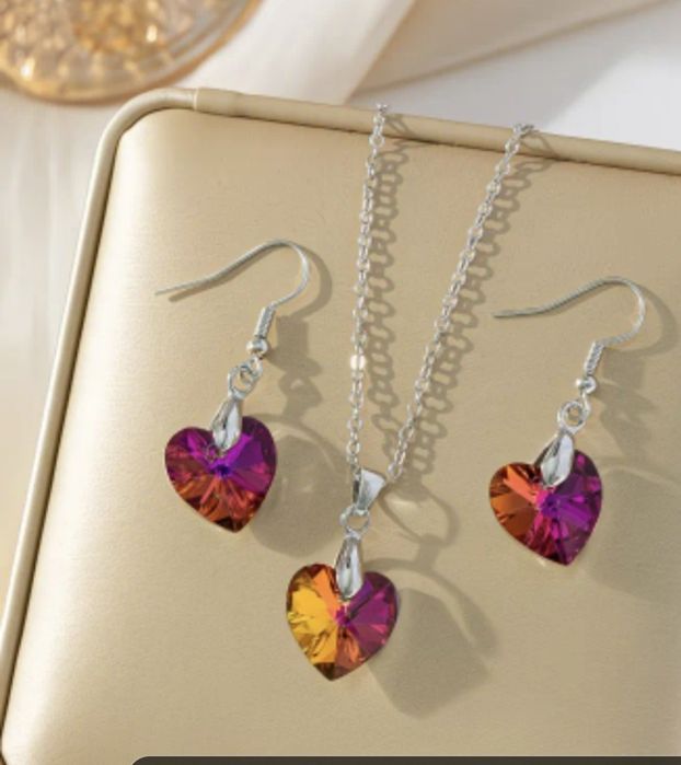 Biżuteria serca komplet kolczyki wisiorek łańcuszek Nowy