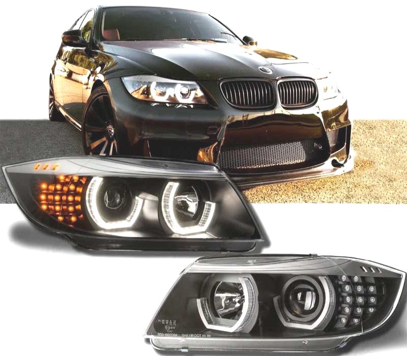 FARÓIS BMW E90 E91 05-08 ANGEL EYES 3D LED + PISCA LED FUNDO PRETO