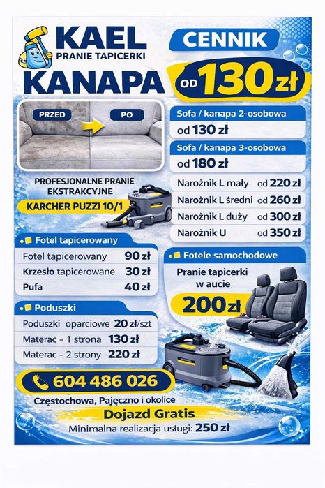 Pranie kanapy / narożnika / tapicerka samochodowa – Częstochowa | usuwanie plam. Karcher punzi 10/1