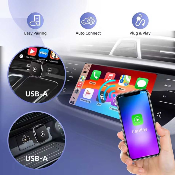 Anyfar Adaptador 2 em 1 Wireless CarPlay e Android Auto 2026 – USB Plug & Play WiFi 5.8GHz NOVO