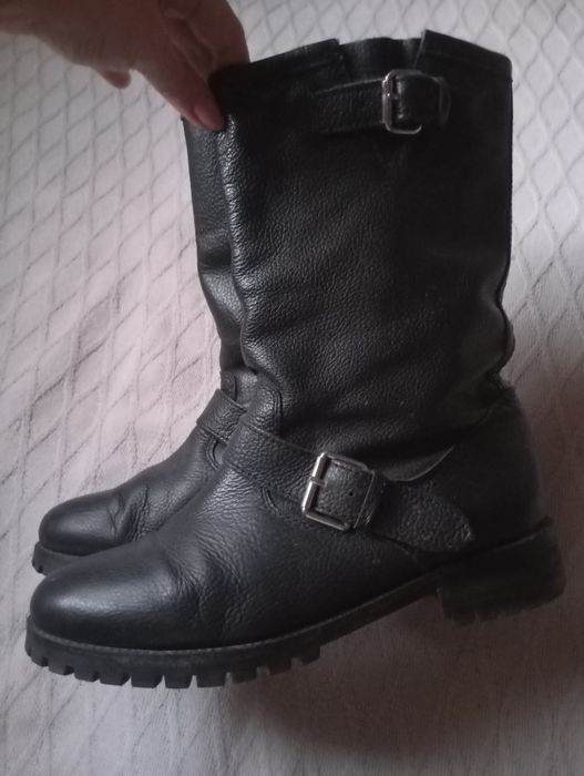 H&M 40r czarne skórzane botki w motocyklowym stylu wsuwane