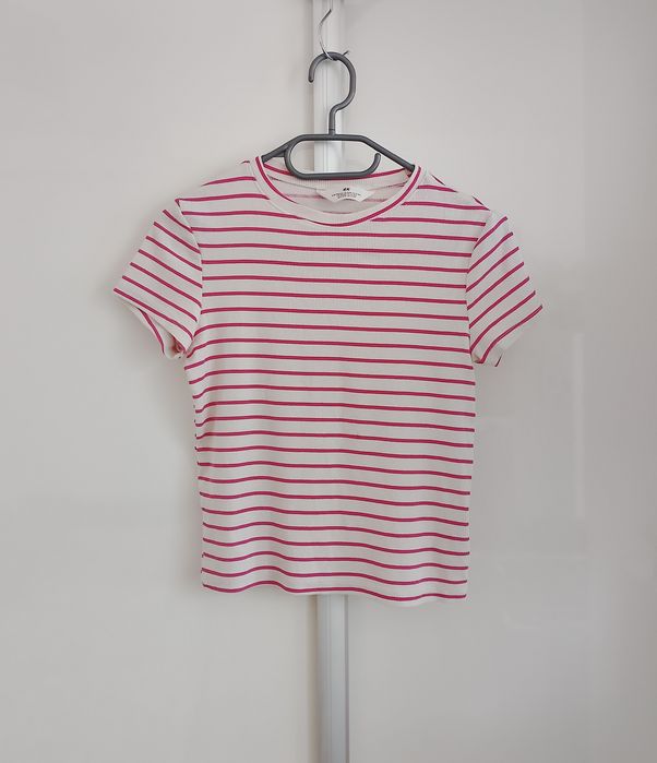Koszulka T-shirt dziewczęcy H&M w paski r. 158/164 różowo-biały top basic