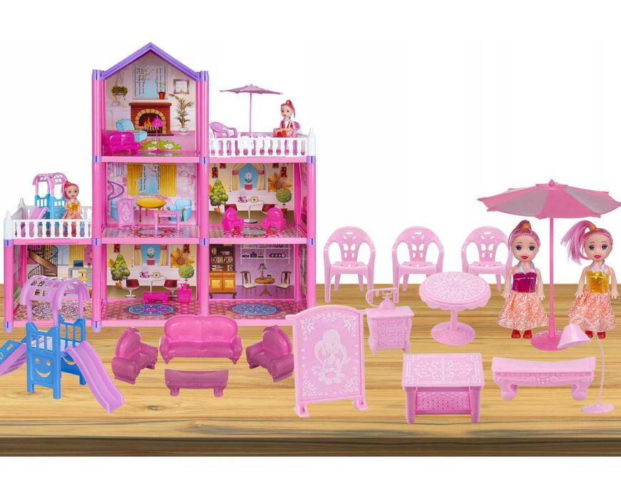 DUŻY Domek dla Lalek 3 Piętra 129 EL+ 2 Lalki Meble • Kompletny Zestaw