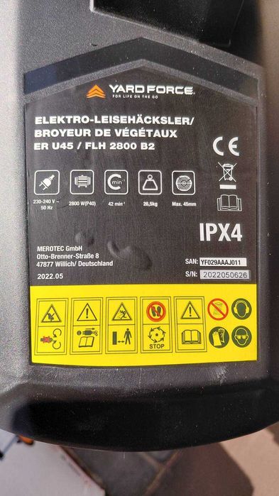 ПОТУЖНИЙ 2.8кВ фрезер подрібнювач Yard Force 45мм шредер 60л Німечч