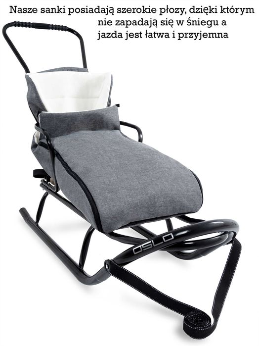 Nowe sanki z oparciem, pchaczem i śpiworkiem
