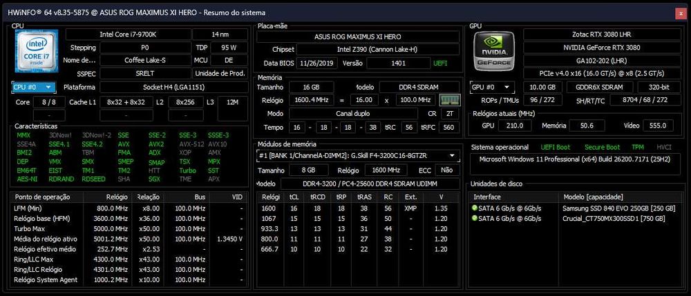 Computador Gaming: i7-9700K + 16Gb RAM + nVidia RTX 3080 +WaterCooling