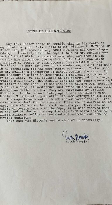 Documento assinado pelo oficial nazi Erich Kempka