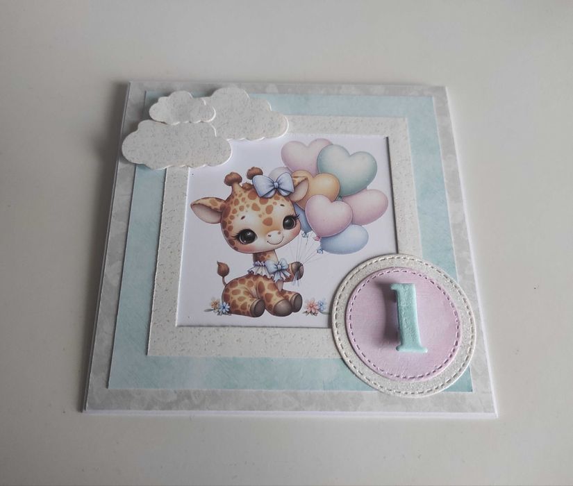 Kartka urodzinowa ręcznie robiona roczek, urodziny żyrafa