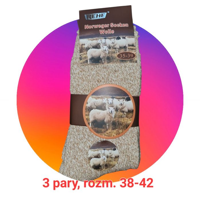 3 pary skarpety skarpetki wełniane, rozmiar 38-42 Norweger Socken Woll