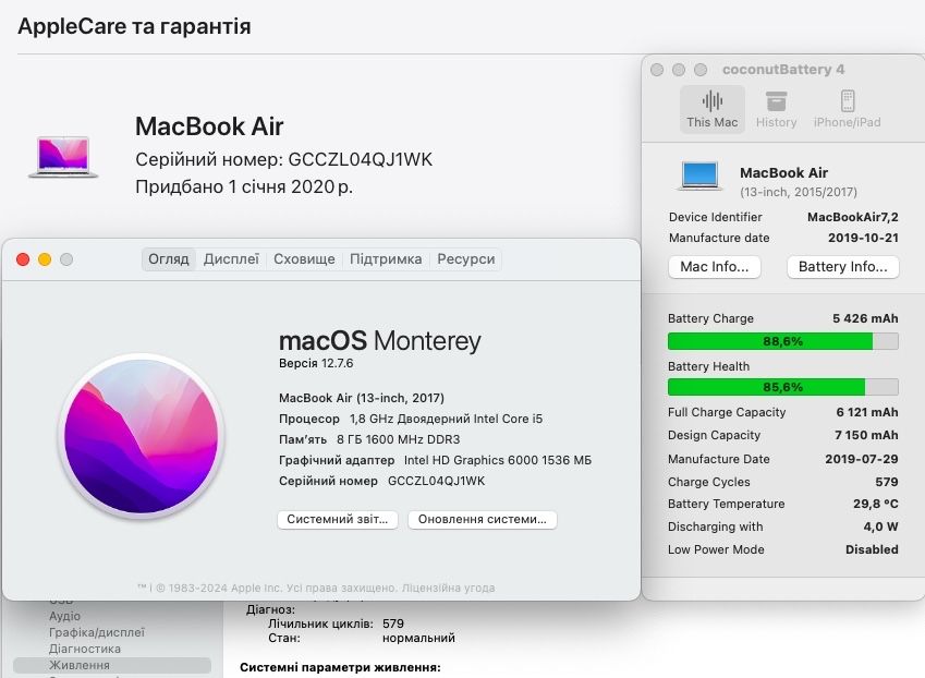 MacBook Air 2017 13" i5•8GB•128GB•85%•600 циклів