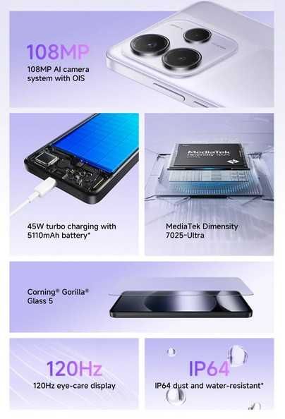 Xiaomi Redmi Note 14 5G, 6.6` 120Hz Dim 7025 8/256 108Mp NFC