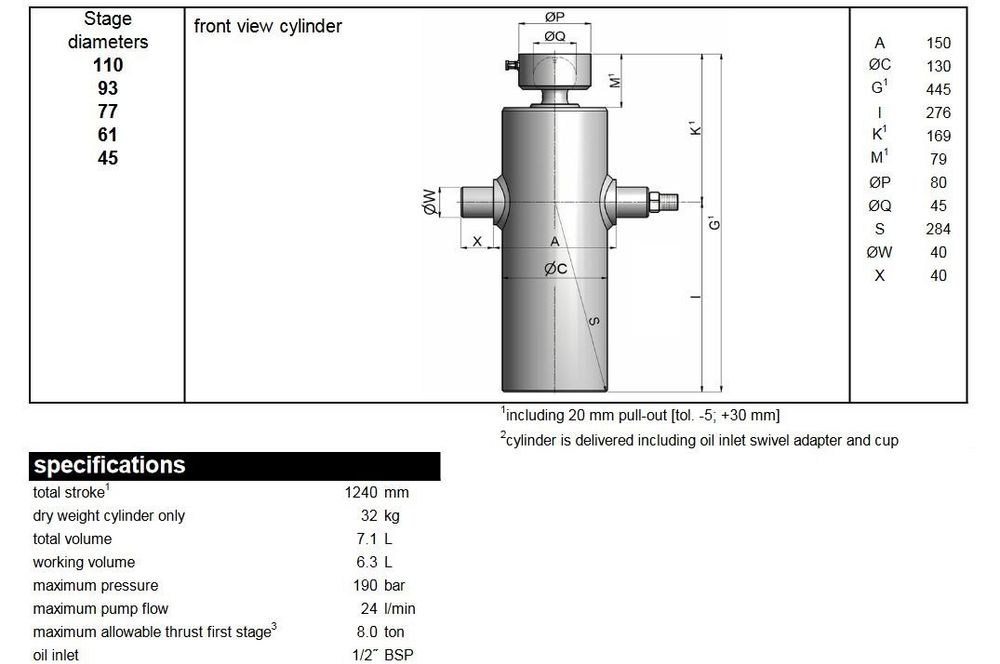 Siłownik wywrotu 8t 1240mm 5sekcji + łoża