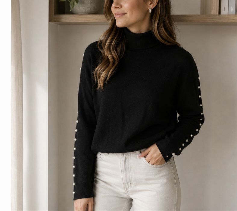 Czarny sweter 36 s pieces z perełkami