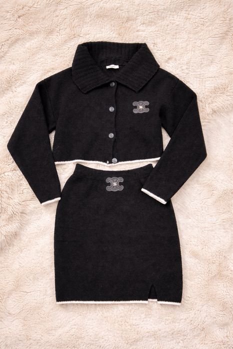 Komplet dzianinowy celine czarny zestaw spodnica sweter miekki